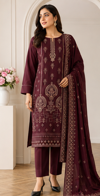 Dhanak Neck Embroidery 3Pc Suit