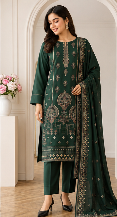 Dhanak Neck Embroidery 3Pc Suit