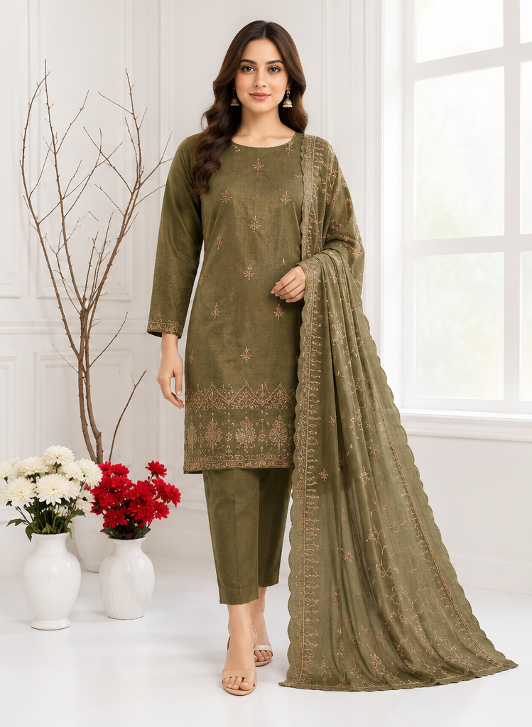 Dhanak Embroidered 3-Piece Suit
