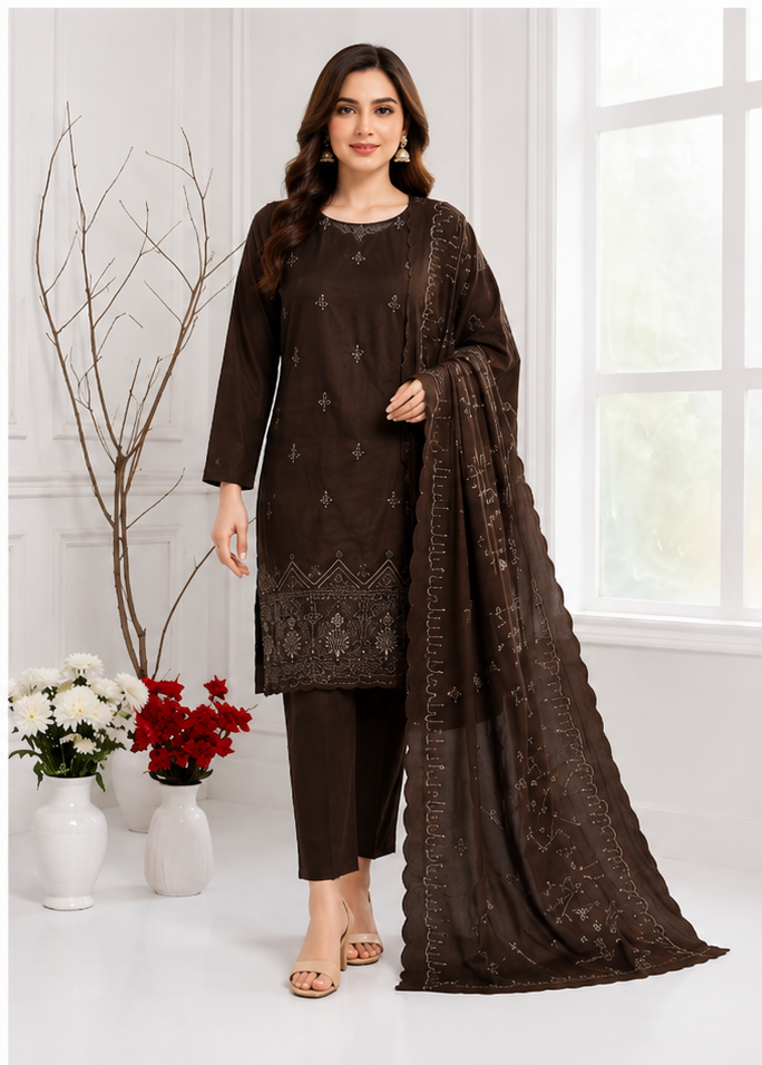Dhanak Embroidered 3-Piece Suit