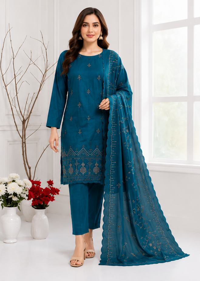 Dhanak Embroidered 3-Piece Suit
