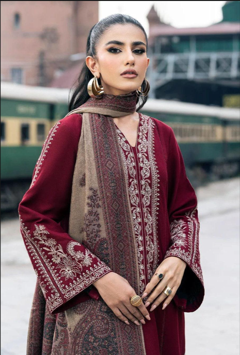 Burgundy Embroidered Lawn 3PC Suit