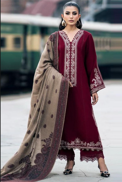 Burgundy Embroidered Lawn 3PC Suit