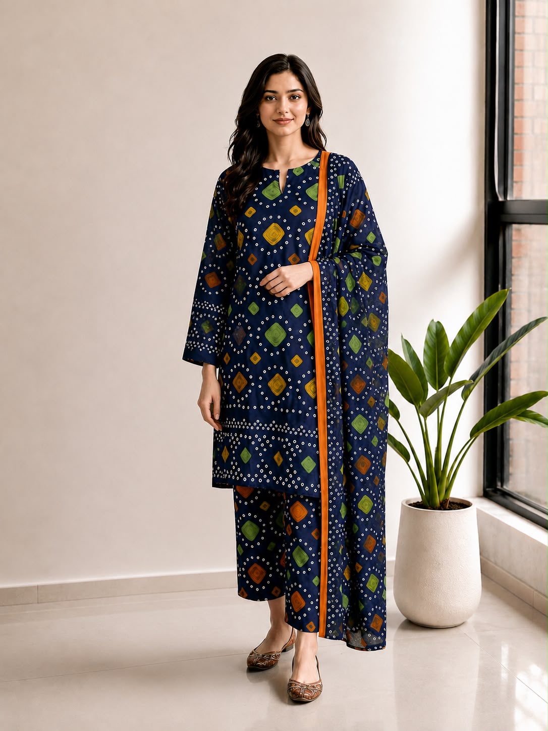 Navy Blue Bandhani Print Lawn Stitched Suit