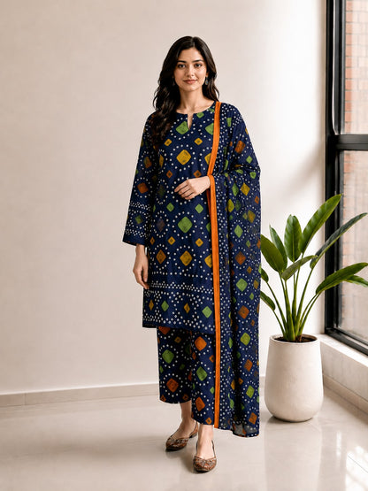Navy Blue Bandhani Print Lawn Stitched Suit