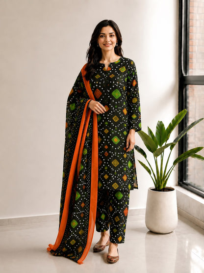Black Bandhani Print Lawn Stitched Suit