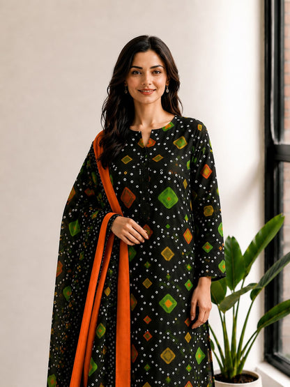 Black Bandhani Print Lawn Stitched Suit