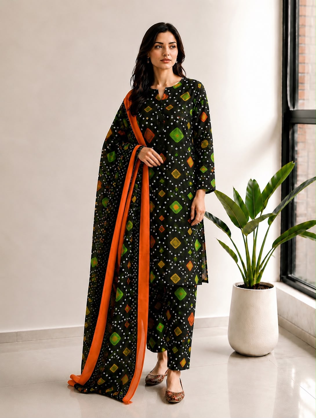 Black Bandhani Print Lawn Stitched Suit