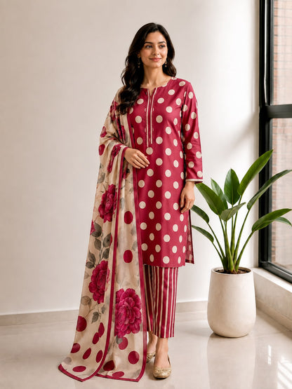Magenta Polka Dot Printed Lawn Stitched Suit