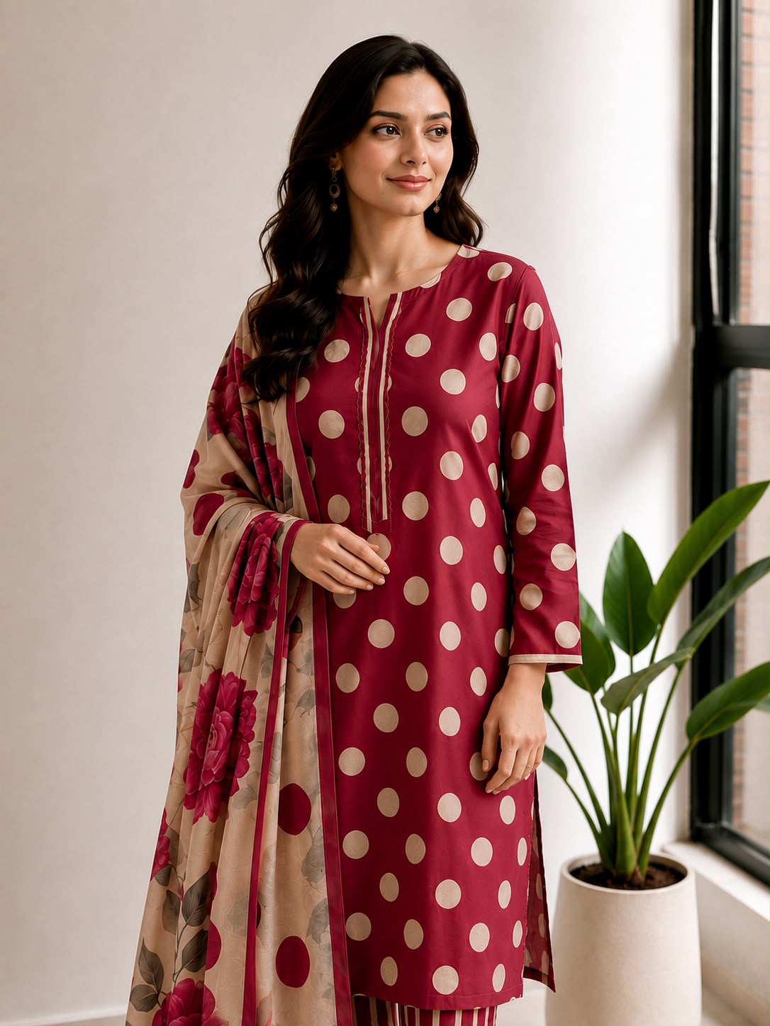 Magenta Polka Dot Printed Lawn Stitched Suit