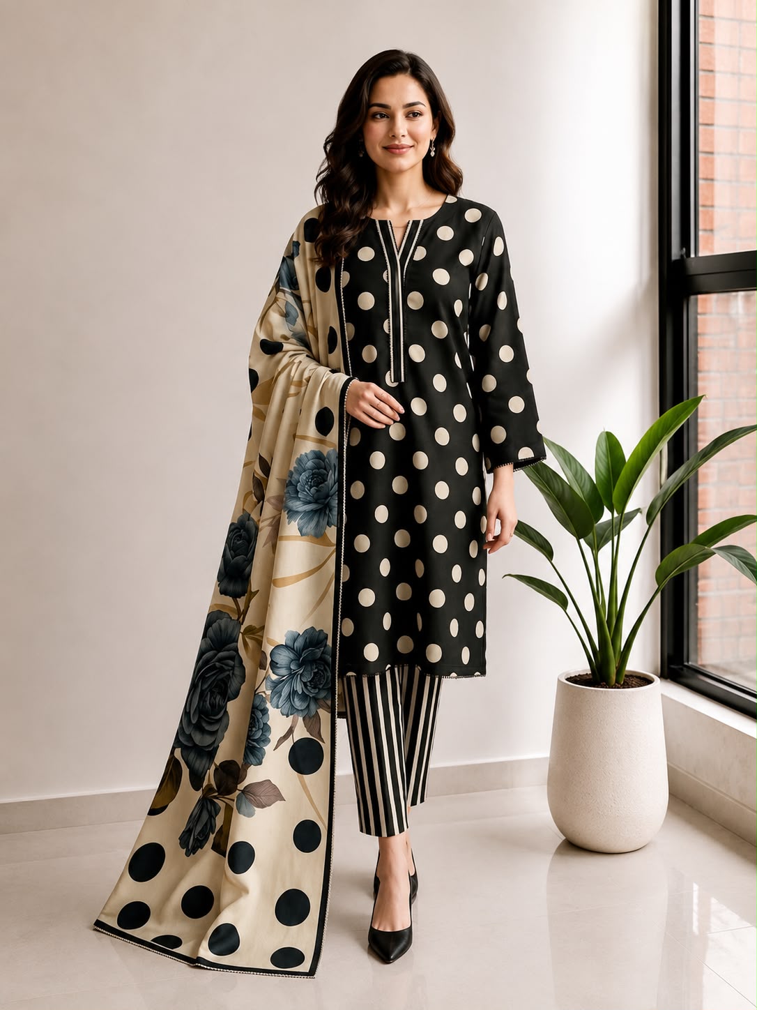 Black Polka Dot Printed Lawn Stitched Suit