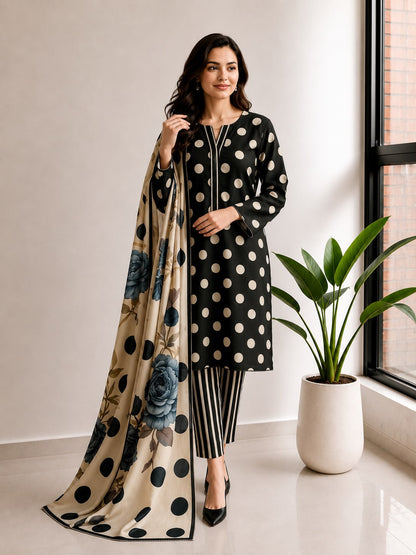 Black Polka Dot Printed Lawn Stitched Suit
