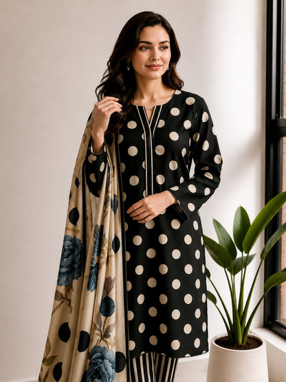 Black Polka Dot Printed Lawn Stitched Suit