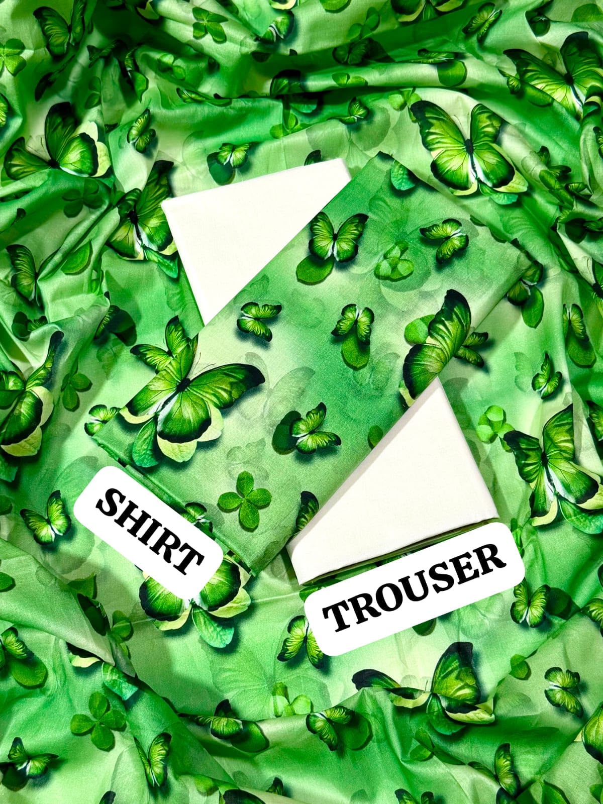 Green & White Printed 2Pc Shirt with Plain Trouser