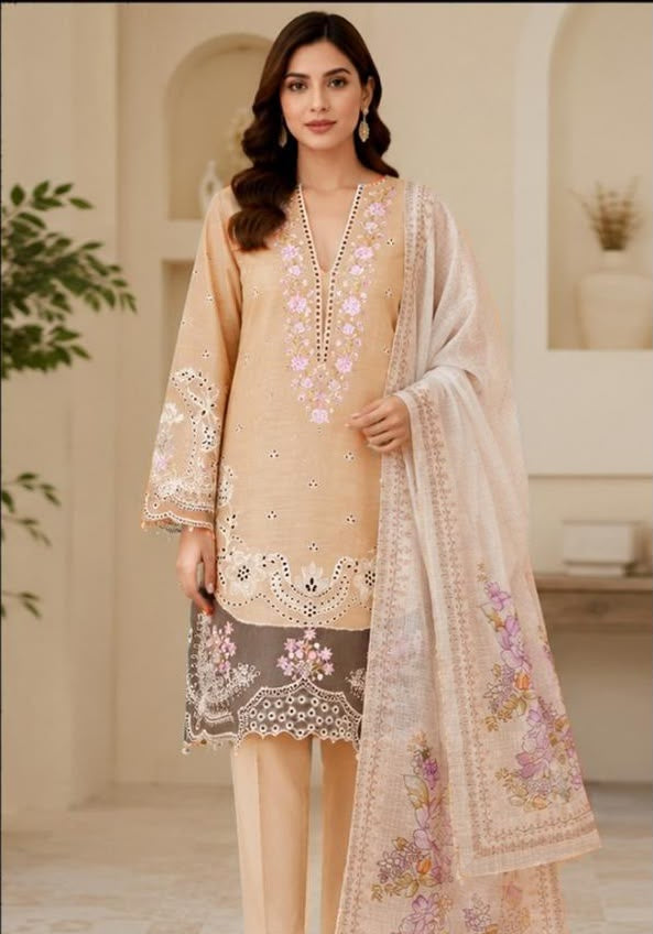 Chikan Kari Embroidered Viscose 3-Piece Unstitched
