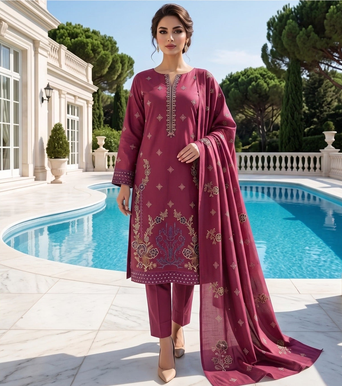 Peach Pink Dhanak Daman Heavy Embroidered Suit