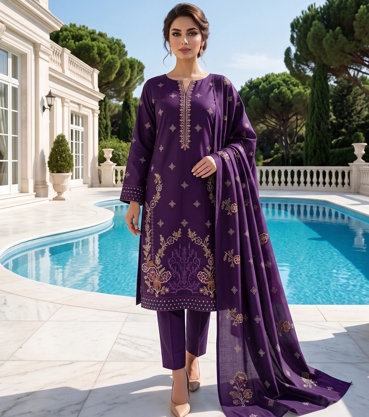 Purple Dhanak Daman Heavy Embroidered Suit