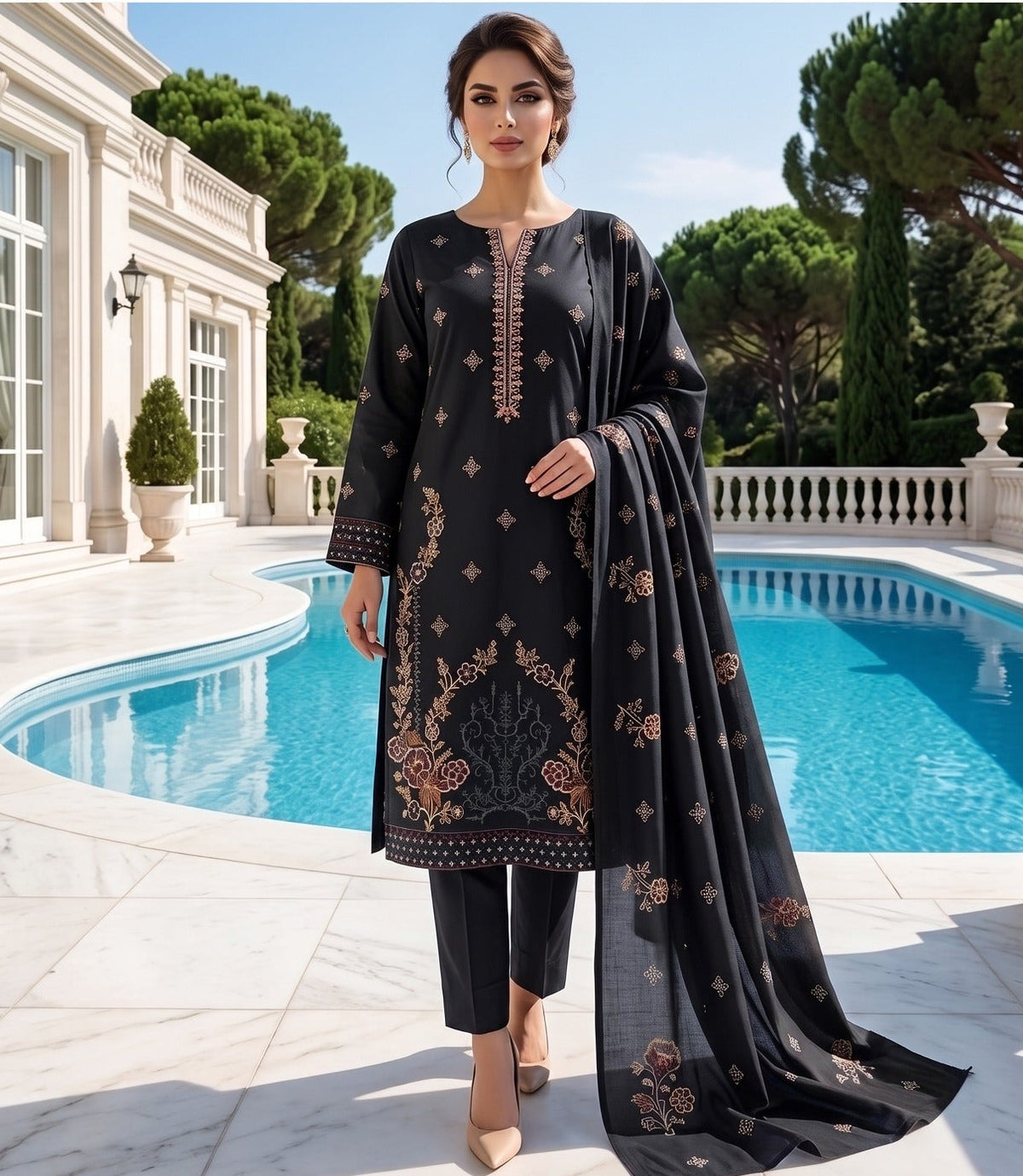 Black Dhanak Border Embroidered Suit