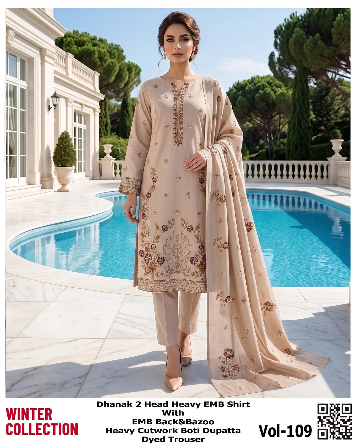 Beige Dhanak Daman Heavy Embroidered Suit