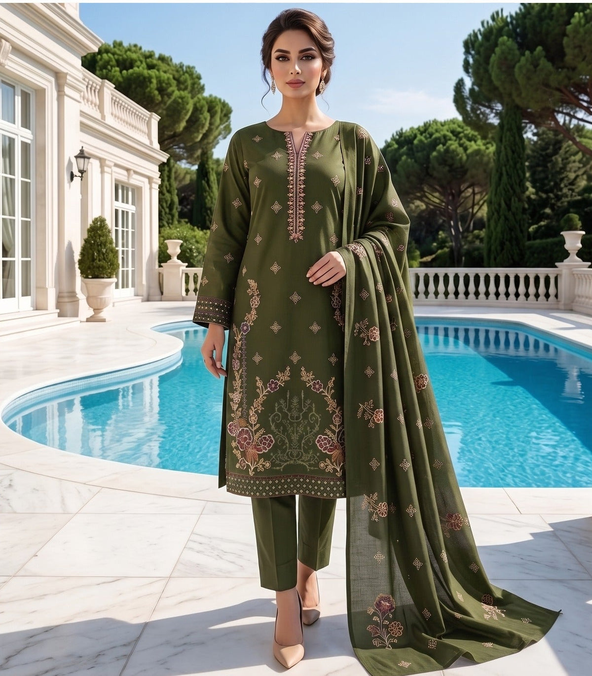 Olive Green Dhanak Daman Heavy Embroidered Suit