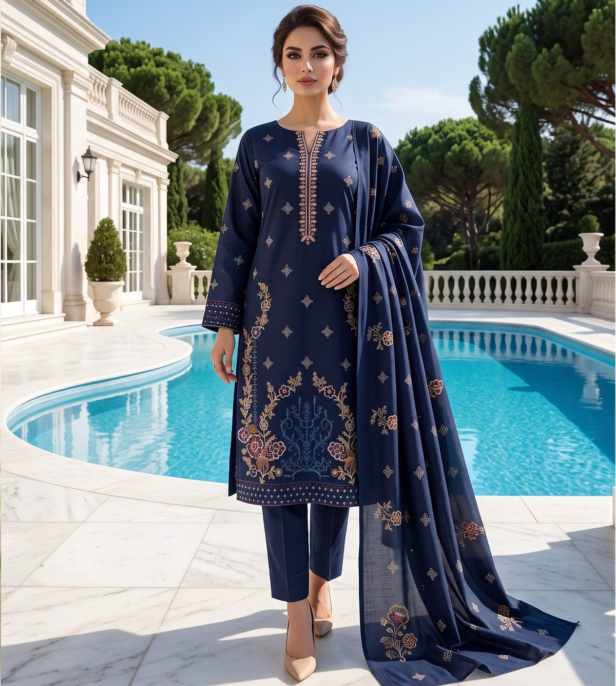 Navy Dhanak Daman Heavy Embroidered Suit