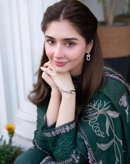 Embroidered Dhanak 3-Piece — Printed Shawl
