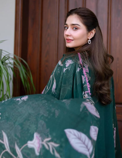 Embroidered Dhanak 3-Piece — Printed Shawl