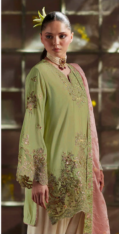 Applique Unstitched Embroidered Silk 3-Piece