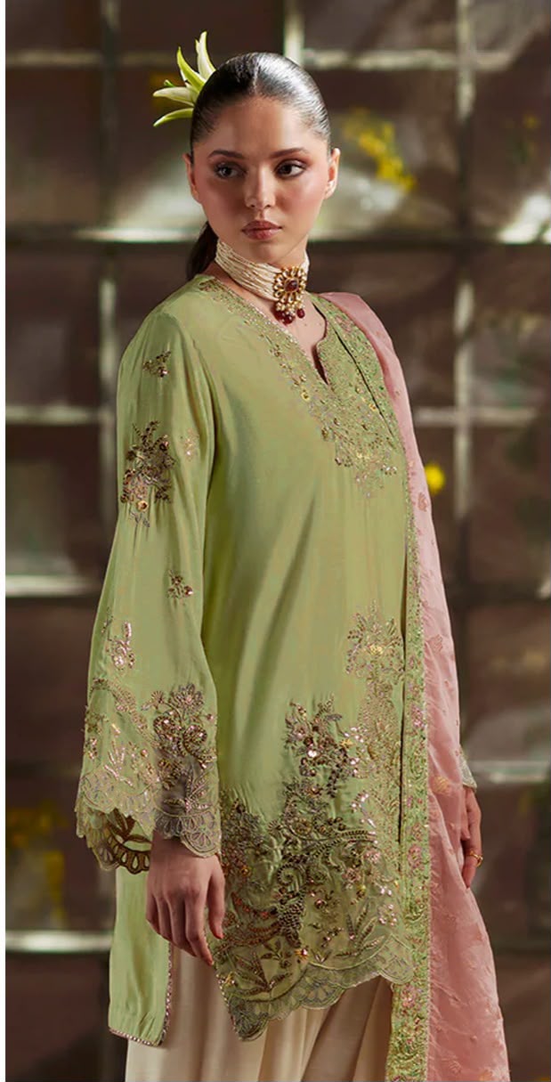 Applique Unstitched Embroidered Silk 3-Piece