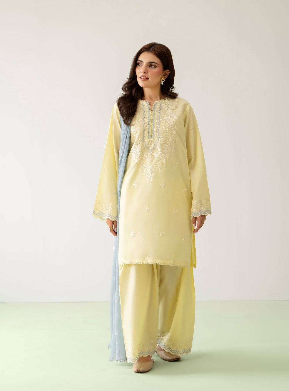 Fully Embroidered Dhanak 3-Piece — Printed Shawl Edit