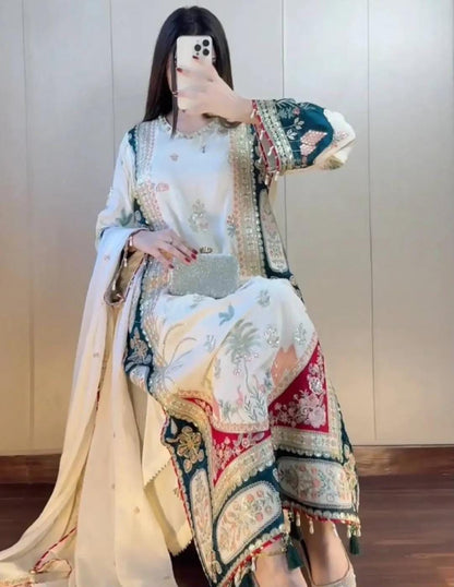 Heavy Applique Embroidered Silk 3-Piece