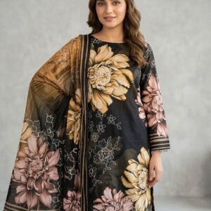 black blossom doria lawn 3 piece unstitched suit elegant floral print