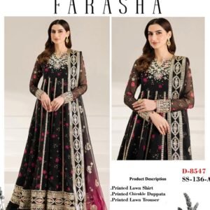 farasha embroidered lawn 3 piece suit – black floral elegance