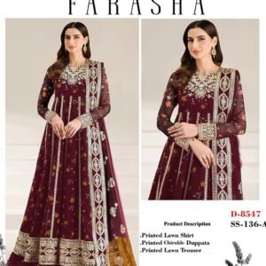 farasha embroidered lawn 3 piece suit – black floral elegance